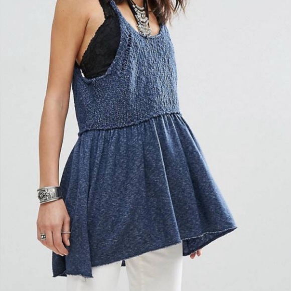 Free‎ People Mountain View Sweater Crochet Knit Tunic Top Blue S over sized NWT - Picture 3 of 11